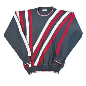Gabicci Italy Mens Vintage Striped Crewneck Sweater Grey Red Wool Blend Large
